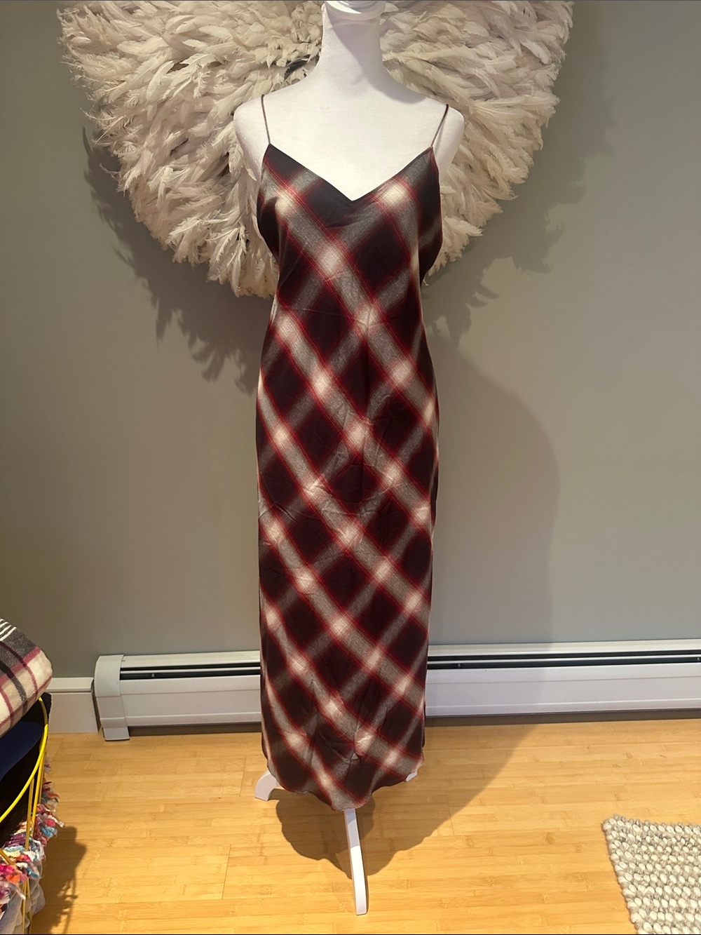Plaid Slip Dress in Burgundy and Ivory